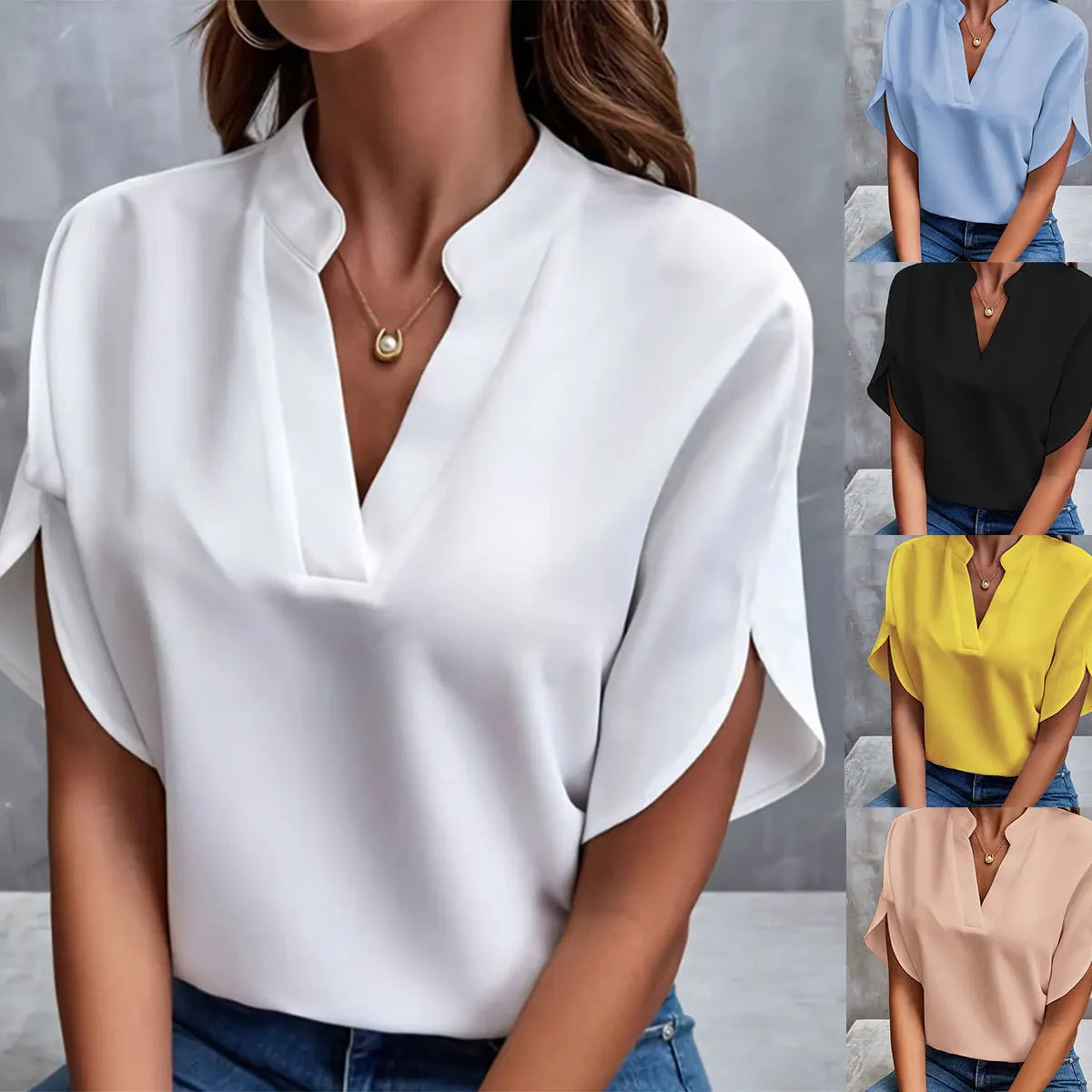 Blouse Chiffon Femme Col V — Manches Courtes, Coupe Loose | Style Casual & Bureau | Collection Été 2026