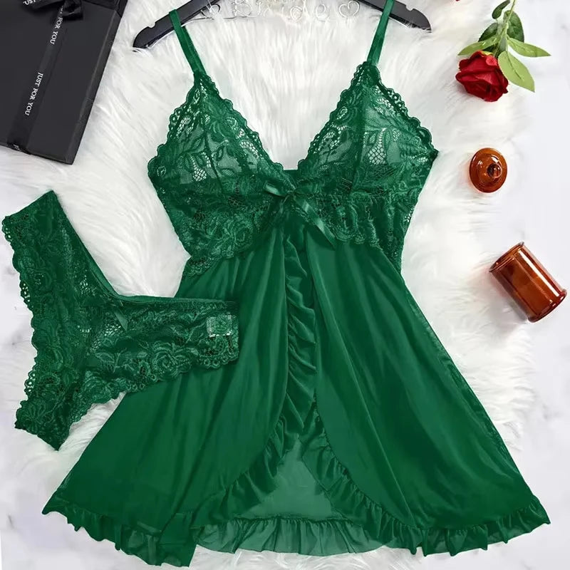 Ensemble nuisette dentelle 2 pièces femme – lingerie de nuit élégante verte