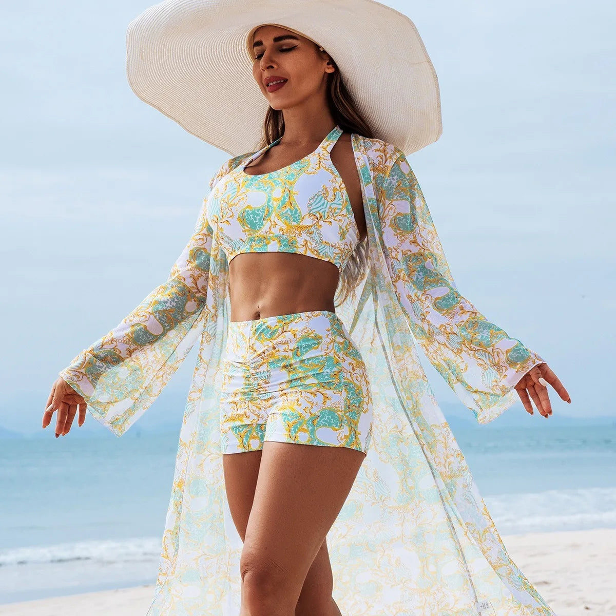 Bikini Floral 3 Pièces avec Kimono de Plage
