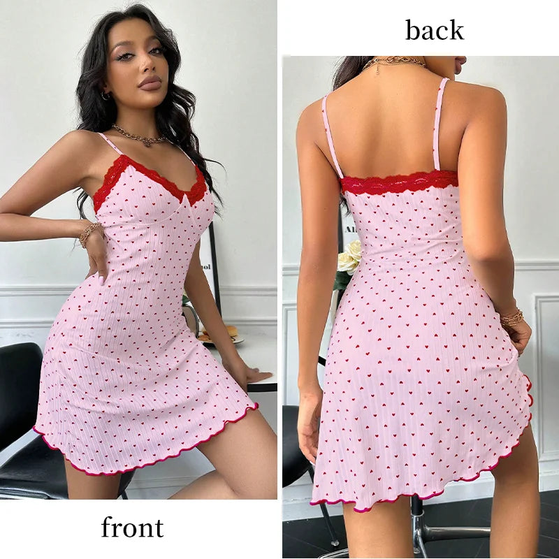 🏷️ Nouveau titre produit Nuisette Femme Sexy – Dentelle Col V, Motif Cœurs, Coupe Slim | Pyjama Camisole Été