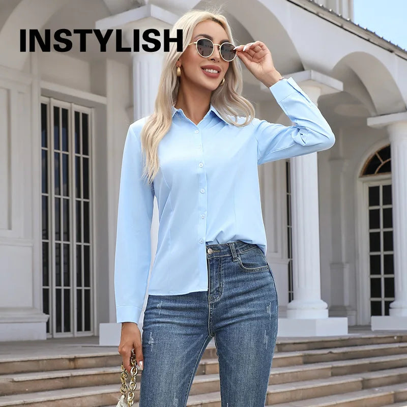 Blouse Chiffon Élégante à Manches Longues – Chemise Tunique Col Rabattu Femme