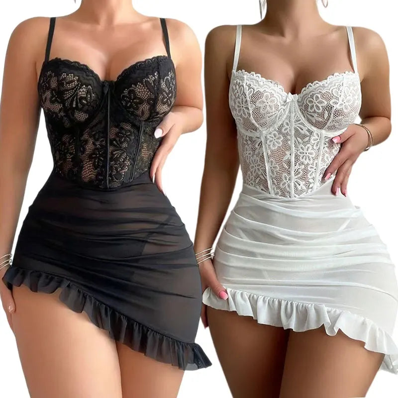 Ensemble Lingerie Femme – Nuisette Transparente & Soutien-Gorge Push-Up Armaturé avec Culotte Thong