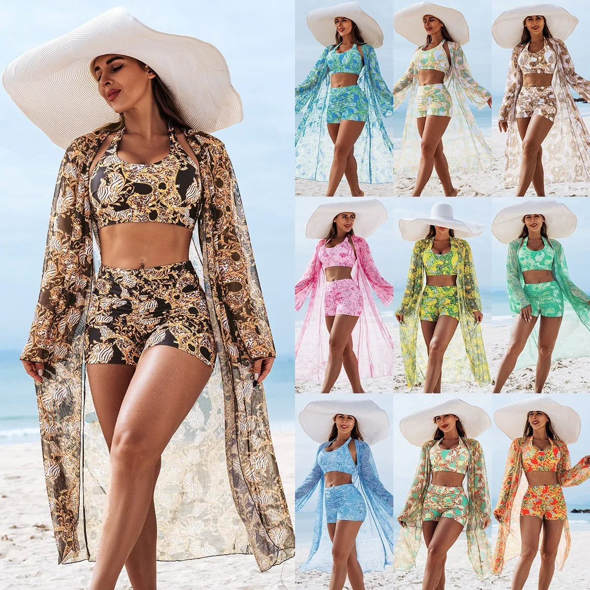 Bikini Floral 3 Pièces avec Kimono de Plage