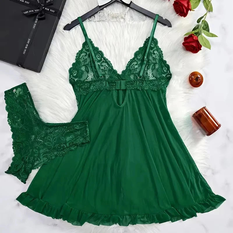 Ensemble nuisette dentelle 2 pièces femme – lingerie de nuit élégante verte